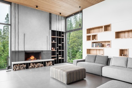 Press kit | 1572-02 - Press release | Long Horizontals - Thellend Fortin Architectes - Residential Architecture - fireplace - Photo credit: Charles Lanteigne