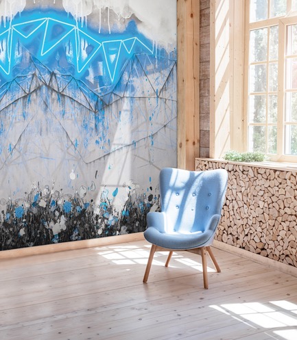 Press kit | 3279-04 - Press release | FEATHR & Artist Lee Herring Collaborate On New Wallpaper Collection - FEATHR - Residential Interior Design -  Neon Bunting in Electric Blue  - Photo credit: Ievgeniia Pidgorna/Alamy/Lee Herring