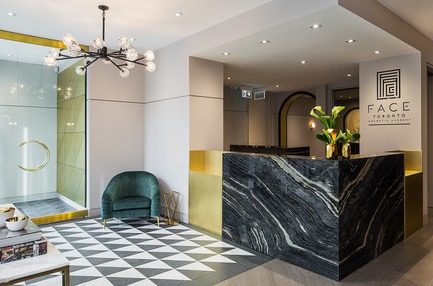 Press kit | 2185-05 - Press release | FACE Cosmetic Surgery - Audax - Commercial Interior Design -  Entrance featuring black and white stone patterned floor, veined marble reception desk and brass accents - Photo credit: Erik Rotter