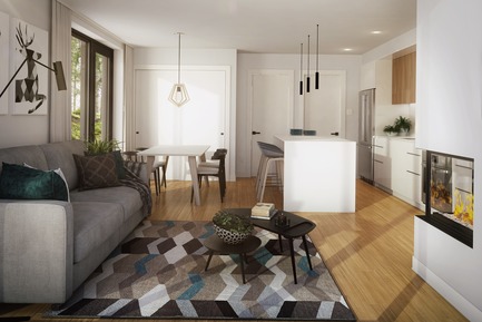 Press kit | 1867-04 - Press release | Official Launch of Arborescence, a New Mountain Condo Development in Bromont - KnightsBridge - Residential Architecture - Living room with fireplace - 1-bedroom unit - Photo credit: KnightsBridge