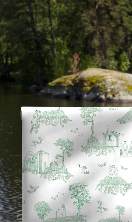 Press kit | 3279-03 - Press release | New Finnish Wallpaper Offers Trump And Putin 10 Tips to Fix The World - FEATHR - Residential Interior Design - Finland Toile wallpaper in Green is Good - Photo credit: FEATHR