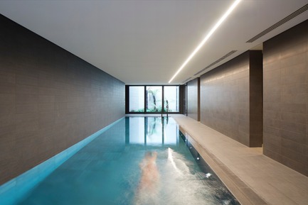 Press kit | 2317-01 - Press release | A New Oasis Off London’s Oxford Street - Make Architects - Residential Architecture - Residents swimming pool overlooking a palm garden - Photo credit: Make Architects