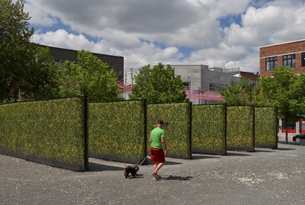 9 Unusual Moments Press kit | 1102-04 - Press release | 9 Unusual Moments - Architecturama - Landscape Architecture - 8 — HEDGE<br>Spatial and visual installation based on perspective and optical illusion and exploring the themes of hedge and labyrinth.<br><br>WINNER – Aire Banque Nationale contest, Aires Libres festival 2014<br>FINALIST – Azure Awards 2015, Art Kudos art competition<br>---<br>location : Montreal (Qc) 2014<br>client : Commercial Development Corporation of the Village<br>collaborators : Visual Box, Utopies Sélectives<br> - Photo credit: James Brittain Photography