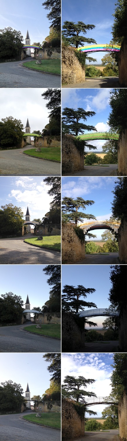 9 Unusual Moments Press kit | 1102-04 - Press release | 9 Unusual Moments - Architecturama - Landscape Architecture - 7 — FIVE RAINBOWS OVER ROQUES<br>Temporary installation and architectural residence on the subject of context and its perception<br><br>WINNER – Arborescence architectural residency from Maison de l'architecture du Québec<br>---<br>location : Roques, Gers, France 2014<br>client : Maison de l'architecture du Québec<br> - Photo credit: Architecturama