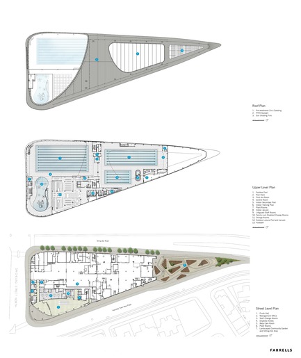 Press kit | 1474-01 - Press release | Hong Kong’s Kennedy Town Swimming Pool - Farrells - Commercial Architecture - Roof plan, pool deck plan, and ground floor plan. - Photo credit: Farrells