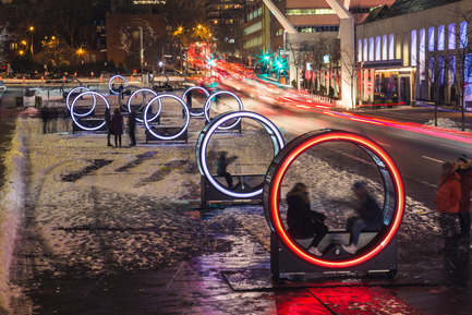 Press kit | 583-17 - Press release | Luminothérapie:Loop’s Giant Illuminated Wheels Take Over the Place des Festivals - Quartier des spectacles Partnership - Event + Exhibition -  Loop, a creation by Olivier Girouard and Jonathan Villeneuve in collaboration with Ottoblix.   - Photo credit:  Ulysse Lemerise/OSA Images 