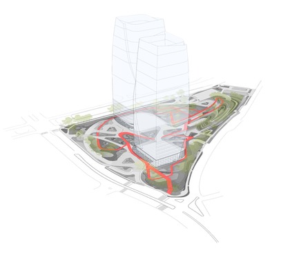 Press kit | 2657-01 - Press release | A Mata Atlântica Forest in São Paulo - Balmori Associates - Landscape Architecture - Diagram depicts in red the 1km (0.6 miles) pedestrian loop through the site. - Photo credit: Courtesy of Balmori Associates