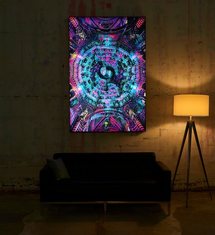 Press kit | 2796-01 - Press release | Big Naked Wall Creates New Art Category with Backlit Frames - Big Naked Wall - Art - Titled "Genesis" by Zouassi, this artwork is the same as previous. However, once the lights are dimmed, you can see the visual impact these backlit frames make on its environment.&nbsp; - Photo credit: Big Naked Wall
