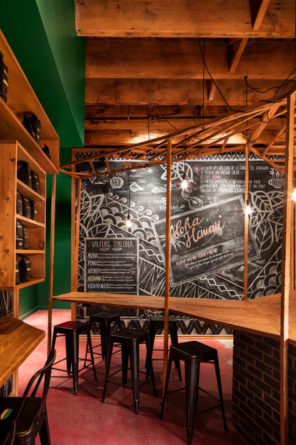 Aloha Espresso Bar: Café for the New Flavors and History Buffs Press kit | 760-14 - Press release | Aloha Espresso Bar:Café for the New Flavors and History Buffs - Jean de Lessard, Designers Créatifs - Commercial Interior Design - Photo credit: Adrien Williams