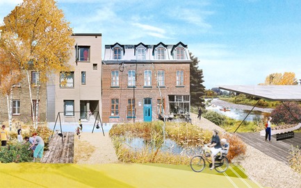 Press kit | 2647-02 - Press release | International Ideas Competition Reinventing Our Rivers: Four Rivers, Three Winners - Ville de Québec - Urban Design -  First place - River Terminus of Headwater Lot at Pointe-aux-Lièvres<br><br>        The covered platform at the river space is shown as a exhibition grounds connected to Pointe-aux-Lièvres sports site and proposed park redevelopment area. This terminus is grounds to celebrate the relationship between the expanded mixed-use corridor, existing urban areas, and ecological design of the headwater lot.<br>  - Photo credit: The CADASTER team