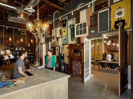 Press kit | 1562-02 - Press release | 826 Valencia Tenderloin Center Receives Special Commendation Award for Social Responsibility - INTERSTICE Architects - Commercial Architecture - Interior View - Wall of Doors  - Photo credit: Matthew Millman 