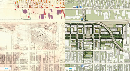 Press kit | 2366-01 - Press release | A New Viaduct for the MIL Campus of the Université de Montréal - civiliti - Urban Design - Map Montage: Railway Yard (1949) and Preliminary Campus Master Plan (2006) - Photo credit: archives civiliti