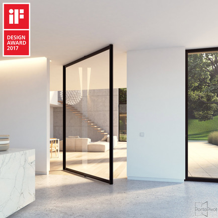 Press kit | 2163-02 - Press release | Portapivot's Pivot Hinge Technology Receives an iF Design Award - Portapivot - Product - Glass pivot door with central axis Stealth Pivot hinge system - Photo credit: Koen Dries