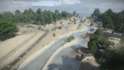 Press kit | 2230-01 - Press release | A new Landscape for the New Hydropower Plant Hagneck in Switzerland - Raymond Vogel Landschaften AG - Landscape Architecture -   Film still rendering of the new landscape. View to the renaturation of the tailwater channel and the watercourses for fishes.<br>    - Photo credit:    	 		 		 	 	 		 			 				 					Raymond Vogel Landschaften AG, Zürich  				 