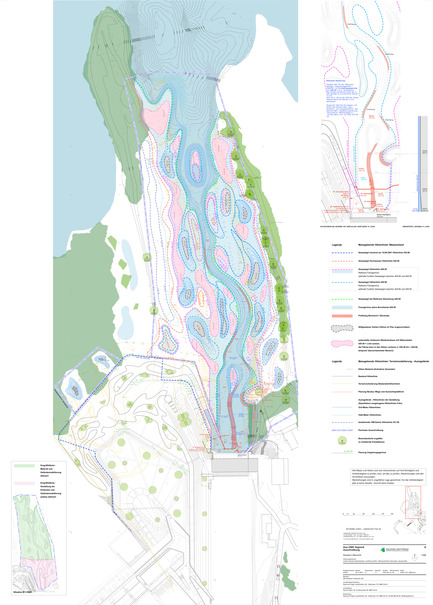 Press kit | 2230-01 - Press release | A new Landscape for the New Hydropower Plant Hagneck in Switzerland - Raymond Vogel Landschaften AG - Landscape Architecture -  Construction project, plan with contour lines of the lower waters connected to the lake.&nbsp;<br> 			<br> 		<br> 	    - Photo credit:    	 		 		 	 	 		 			 				 					Raymond Vogel Landschaften AG, Zürich  				<br> 	  