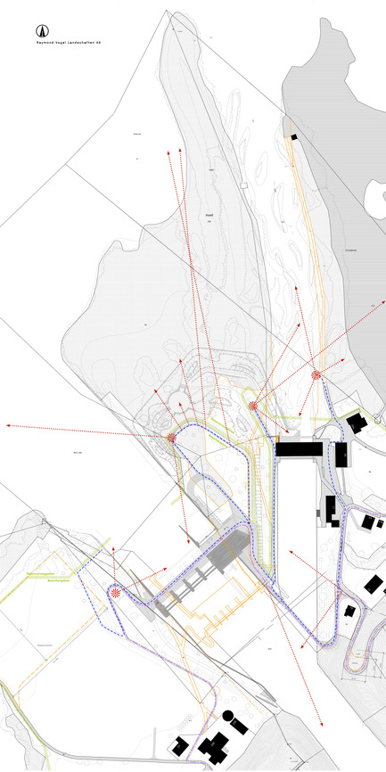 Press kit | 2230-01 - Press release | A new Landscape for the New Hydropower Plant Hagneck in Switzerland - Raymond Vogel Landschaften AG - Landscape Architecture -  Cadastral plan of the site with new visitors’ route and new viewpoints.  - Photo credit:  Raymond Vogel Landschaften AG, Zürich<br> 