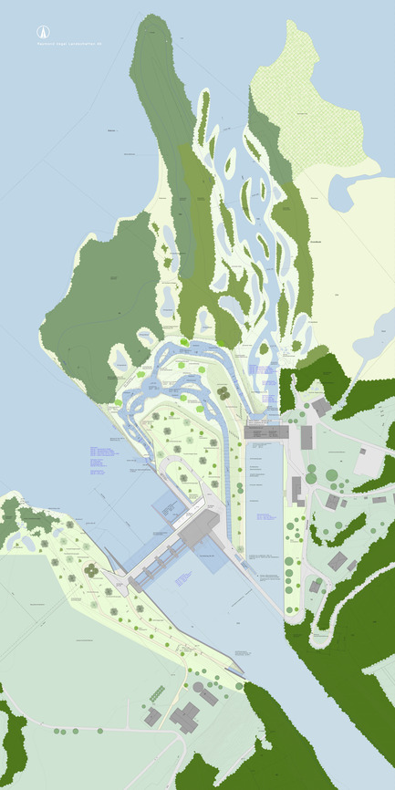 Press kit | 2230-01 - Press release | A new Landscape for the New Hydropower Plant Hagneck in Switzerland - Raymond Vogel Landschaften AG - Landscape Architecture -       	 		 		 	 	 		 			 				 					General design plan. Old and new hydropower plants with new plateaus, new watercourses for fishes and renaturation of the tailwater channel.<br> 	      - Photo credit:  Raymond Vogel Landschaften AG, Zürich<br> 