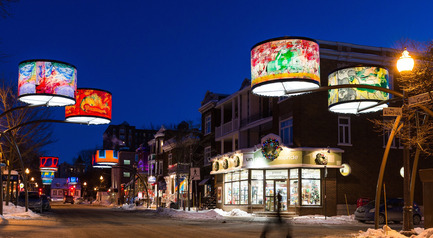 Press kit | 621-19 - Press release | Giant Lampshades Create Spectacular Urban Lighting in Quebec City - Lightemotion - Lighting Design - Avenue Cartier - Quebec City  - Photo credit: Patrick mevel photographe