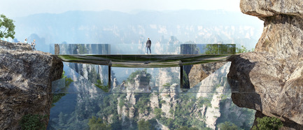 Press kit | 1040-04 - Press release | Zhangjiajie - Martin Duplantier Architectes - Landscape Architecture -  Set down on the rocks, this step-bridge has two levels to be enjoyed. The upper one connects the two sides, while the lower one is for experiencing a moment "in the air".   - Photo credit:   ©Martin Duplantier Architectes  