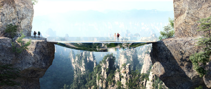 Press kit | 1040-04 - Press release | Zhangjiajie - Martin Duplantier Architectes - Landscape Architecture - Mirroring&nbsp;the environment, the bridge is an elliptical disk. An off-centered hole leaves open views into the gap between the two rock faces.&nbsp; A strong net allows courageous visitors to lay down in the void. - Photo credit: ©Martin Duplantier Architectes