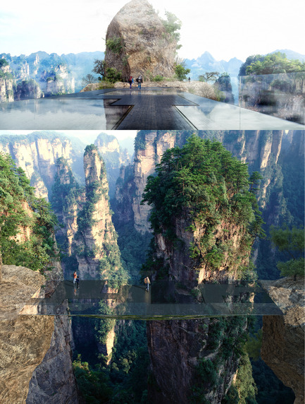 Press kit | 1040-04 - Press release | Zhangjiajie - Martin Duplantier Architectes - Landscape Architecture - The "water mirror" is made of 2cm of water on black stone. The irregular set of stones gives a feeling of winding path in the mountains, when one is attracted by the great panorama. &nbsp;Every 7 minutes, the water disappears and reappears through spray nozzles, creating a cloud in the middle of the mountains. This cloud progressively lands on the stones, transformed into a veneer of still water. - Photo credit: ©Martin Duplantier Architectes