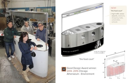 Press kit | 2707-01 - Press release | EcoTrio® Commercial Recycling Bins - EcoTrio®, LLC - Industrial Design -   EcoTrio® "The Food Court" Commercial Recycling Bin - with Sstl Fabrication Team:  Wayne Chiem (front right), Huey Nguyen (left back) Cuong Nguyen (right back)  (US Pat. No. D766 532 © 2016 ecotrio®, llc)<br> - Photo credit: Trung Nguyen