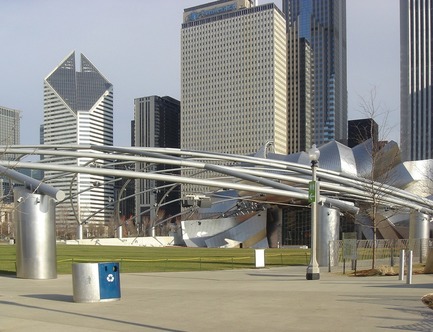 Press kit | 2707-01 - Press release | EcoTrio® Commercial Recycling Bins - EcoTrio®, LLC - Industrial Design -  EcoTrio® "The Millennium" Commercial Recycling Bin with Frank Gehry Bandshell -  Millennium Park, Chicago (US Pat. No. D566 364 © 2008 ecotrio®, llc) - Photo credit: Deborah Kang