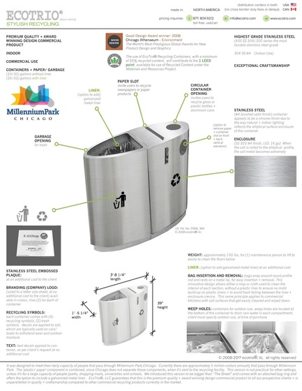 Press kit | 2707-01 - Press release | EcoTrio® Commercial Recycling Bins - EcoTrio®, LLC - Industrial Design -  EcoTrio® "The Millennium" Commercial Recycling Bin - Product Data + Specifications (US Pat. No. D566 364 © 2008 ecotrio®, llc) - Photo credit: Deborah Kang