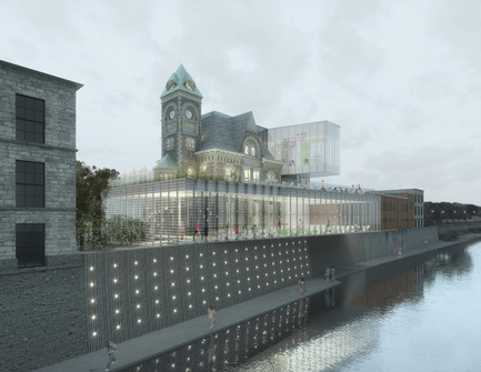 Press kit | 1070-02 - Press release | Old Post Office Idea Exchange - RDH Architects - Institutional Architecture - Rendered View Looking South Along River's Edge - Photo credit: RDHA