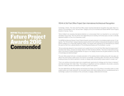 Press kit | 1070-02 - Press release | Old Post Office Idea Exchange - RDH Architects - Institutional Architecture - Architectural Review Future Project Awards Commendation - Photo credit: Architectural Review MIPIM Future Projects Awards & EMAP