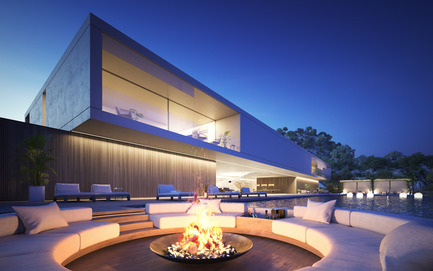 Press kit | 2265-01 - Press release | Superhouse 00/30 - Superhouse Property Group Ltd. - Residential Architecture - View to the house from the sunken pool firepit - Photo credit: The Boundary