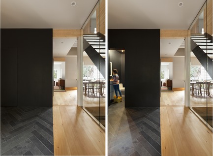 Press kit | 2242-01 - Press release | Lévesque Project - Mélissa Ohnona Design - Residential Interior Design - The black cube conceals a powder room as well as the washer and dryer. - Photo credit: Maxime Brouillet