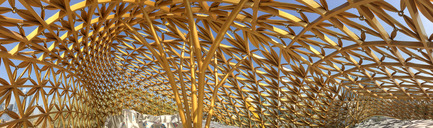 Press kit | 2193-01 - Press release | Butterfly Pavilion – Noor Island - 3deluxe - Urban Design - The shape of the roof, which at some points is a full 13m high, reaches immense horizontal spans across a surface of some 800m².<br> - Photo credit: Björn Asmussen