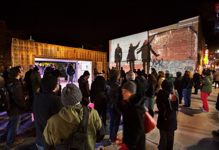Press kit | 583-10 - Press release | Christie Digital partners with the Urban Digital Laboratory of the Quartier des spectacles - Quartier des spectacles Partnership - Lighting Design - McLarena by Daily Tous Les Jours, part of McLaren Wall-to-wall, a co-production from the National Film Board of Canada (NFB) and the Quartier des Spectacles Partnership (QDSP), outside the Saint-Laurent metro station, 2014. - Photo credit: Martine Doyon-QDSP