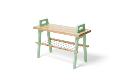 Press kit | 2391-01 - Press release | Us & Coutumes Sets New ‘Benchmark’ with its Modifiable and Customizable Urban Living Designs - Us & Coutumes - Industrial Design - 28" long birch bench with one shelf, mint legs - Photo credit: Jean-Sébastien Dénommé