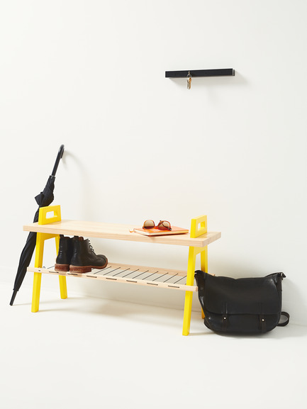 Press kit | 2391-01 - Press release | Us & Coutumes Sets New ‘Benchmark’ with its Modifiable and Customizable Urban Living Designs - Us & Coutumes - Industrial Design - Ash wood pale grains offers a striking contrast with the yellow color of the legs. Here shown with Us & Coutumes mail and key holder. - Photo credit: Jean-Sébastien Dénommé
