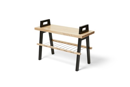 Press kit | 2391-01 - Press release | Us & Coutumes Sets New ‘Benchmark’ with its Modifiable and Customizable Urban Living Designs - Us & Coutumes - Industrial Design - 28" long ash bench with one shelf, black legs - Photo credit: Jean-Sébastien Dénommé