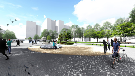 Press kit | 2191-01 - Press release | The Viger Square revitalization: a hybrid landscape grounded in its built and artistic heritage - Ville de Montréal and NIPPAYSAGE - Landscape Architecture -   Atmospheric rendering of central axis<br>(Théberge block)   - Photo credit: NIPPAYSAGE