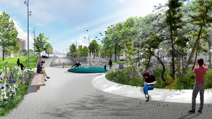 Press kit | 2191-01 - Press release | The Viger Square revitalization: a hybrid landscape grounded in its built and artistic heritage - Ville de Montréal and NIPPAYSAGE - Landscape Architecture -   Atmospheric rendering of play area<br>(Gnass block)   - Photo credit: NIPPAYSAGE