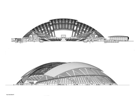 Press kit | 2186-01 - Press release | Singapore National Stadium - Arup Associates - Institutional Architecture -  The dome structure provides shade and cooling when required and is left open when the stadium is not in use, keeping the grass pitch in healthy condition  - Photo credit:  Arup Associates 