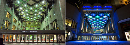 Press kit | 621-20 - Press release | A Dynamic NewLighting Signature for Complexe Desjardins - Lightemotion - Lighting Design - Complexe Desjardins - Before and After - Entrance to Retail Concourse - Photo credit: LIghtemotion 