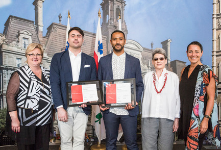 Press kit | 562-71 - Press release | Rainville-Sangaré Receives 2017 Phyllis Lambert Grant - Bureau du design - Ville de Montréal - Industrial Design - Chantal Rossi, Associate councillor, culture, heritage and design, Ville de Montréal,&nbsp;Lambert Rainville, Nicholas Sangaré, Phyllis Lambert, Manon Gauthier, member of the executive committee, responsible for Culture, Heritage, Design, Space for Life, Status of Women, Ville de Montréal. - Photo credit: Mathieu Rivard