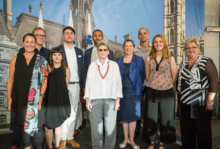 Press kit | 562-71 - Press release | Rainville-Sangaré Receives 2017 Phyllis Lambert Grant - Bureau du design - Ville de Montréal - Industrial Design - Manon Gauthier, member of the executive committee, responsible for Culture, Heritage, Design, Space for Life, Status of Women, Ville de Montréal, Patrick Marmen, Researcher, Chair in Landscape and Environmental Design at Université de Montréal, Caroline Gagnon, PhD, Professor and Director of the Product Design Program, School of Design, Université Laval, Lambert Rainville, Nicholas Sangaré, Phyllis Lambert, Michèle Picard, Section Head, Équipements culturels, art public et patrimoine artistique, Service de la culture, Ville de Montréal, Rami Bebawi, Partner and Co-founder, KANVA, Cindy Couture, General Manager and Partner, Index-Design, Chantal Rossi, Associate councillor, culture, heritage and design, Ville de Montréal. - Photo credit: Mathieu Rivard