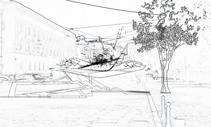 Press kit | 2121-02 - Press release | Piezoelectric Trolleybus Gardens - Margot Krasojević Architects - Industrial Architecture - section through piezoelectric wire net which reverberates when raining generating an electrical current - Photo credit: Margot Krasojević