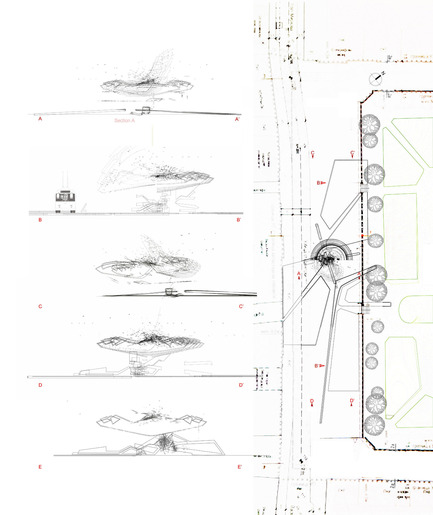 Press kit | 2121-02 - Press release | Piezoelectric Trolleybus Gardens - Margot Krasojević Architects - Industrial Architecture - series of section and plan - Photo credit: Margot Krasojević