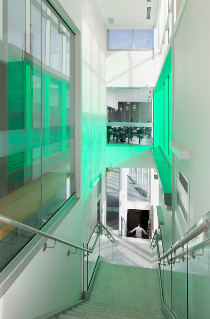 Press kit | 1866-01 - Press release | Durham College Centre for Food - Gow Hastings Architects - Institutional Architecture - A feature stair connects the three floors with coloured light - Photo credit: Tom Arban