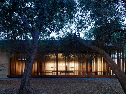 Press kit | 2112-02 - Press release | Windhover Contemplative Center selected as Architizer A+ Finalist - Aidlin Darling Design - Institutional Architecture -         View from the Oak Grove at dusk. The paintings are lit through the evening hours allowing visitors to access them visually at any time. - Photo credit: Matthew Millman