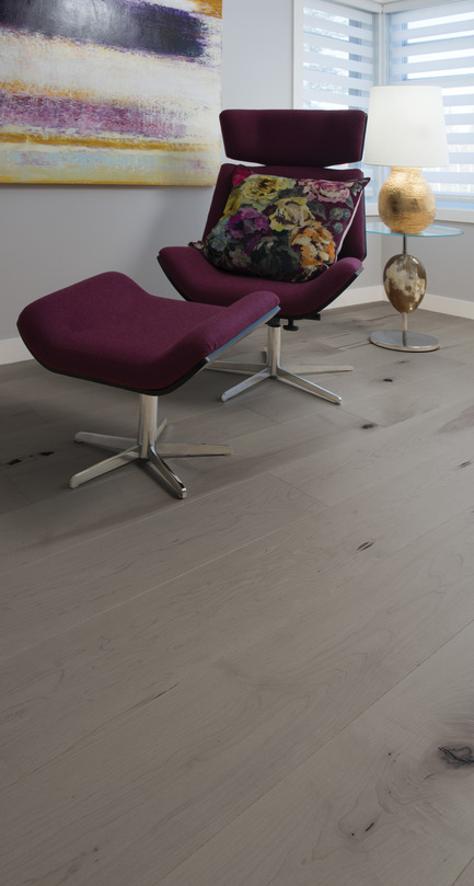 Press kit | 1639-03 - Press release | New Mirage Floors 2016— more magnificent than ever! - Mirage Hardwood Floors - Product - Maple Light Character, Grey Drizzle - Flair Collection - Photo credit:  Mirage Hardwood Floors