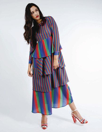 Press kit | 3867-01 - Press release | Sarah Donofrio to Debut New Accessory Collection - One Imaginary Girl - Fashion Design - Rainbow Stripe maxi dress - Photo credit: Myles Katherine