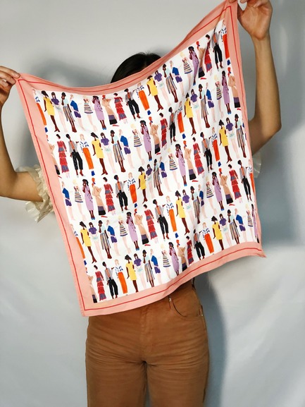 Press kit | 3867-01 - Press release | Sarah Donofrio to Debut New Accessory Collection - One Imaginary Girl - Fashion Design - Fashion Illustration Scarf in pink - Photo credit: Sarah Donofrio